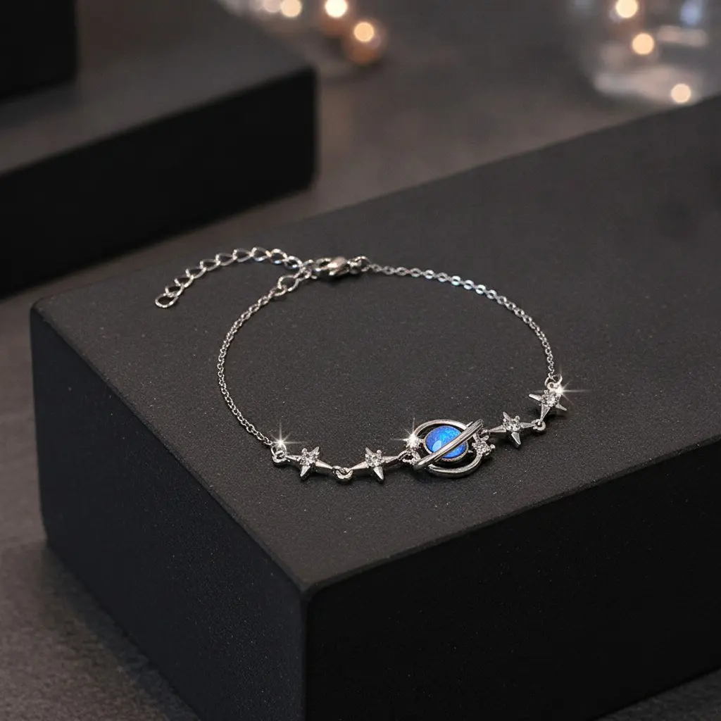 Silver Blue Planet Star Charm Chain Bracelet — view 2