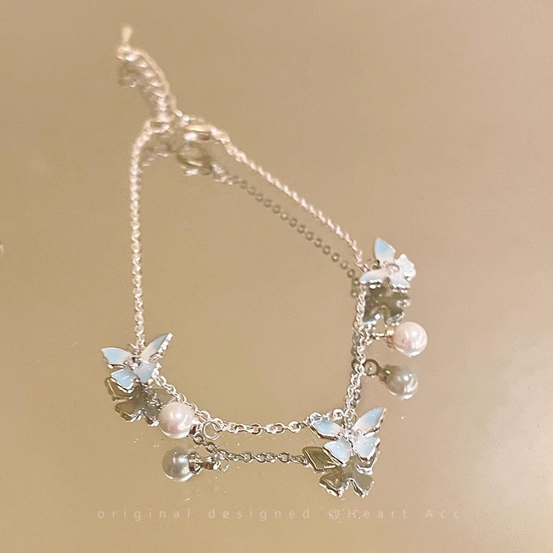 Mint Blue Butterfly Pearl Drop Layered Bracelet