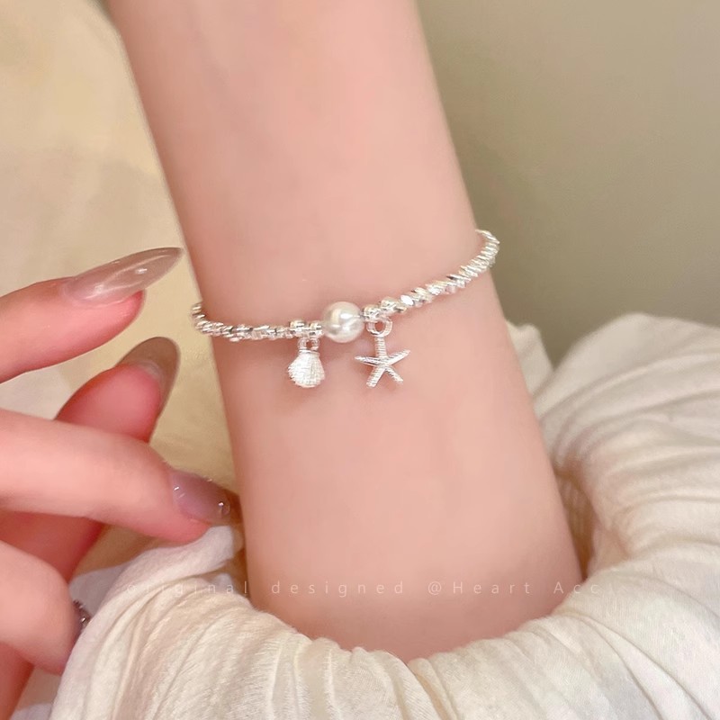 Silver Shell Starfish Pearl Beaded Bracelet