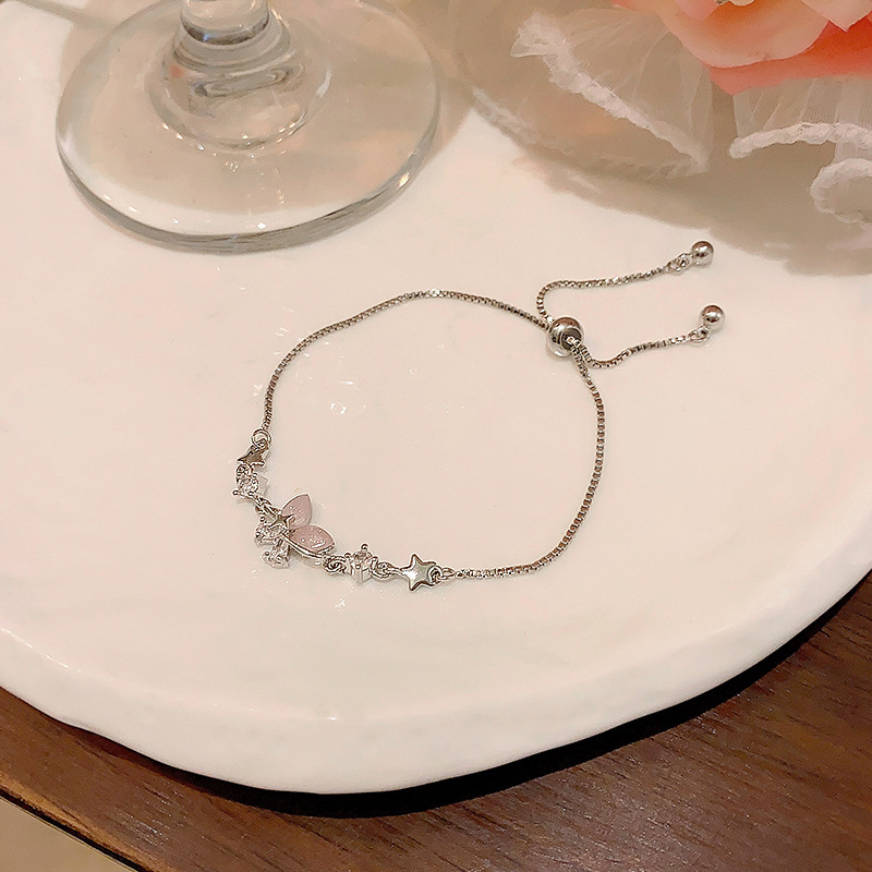 Silver Pink Butterfly Star Adjustable Chain Bracelet