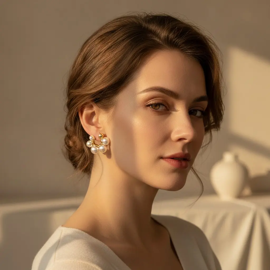 Gold Arc Pearl Stud Earring — view 2