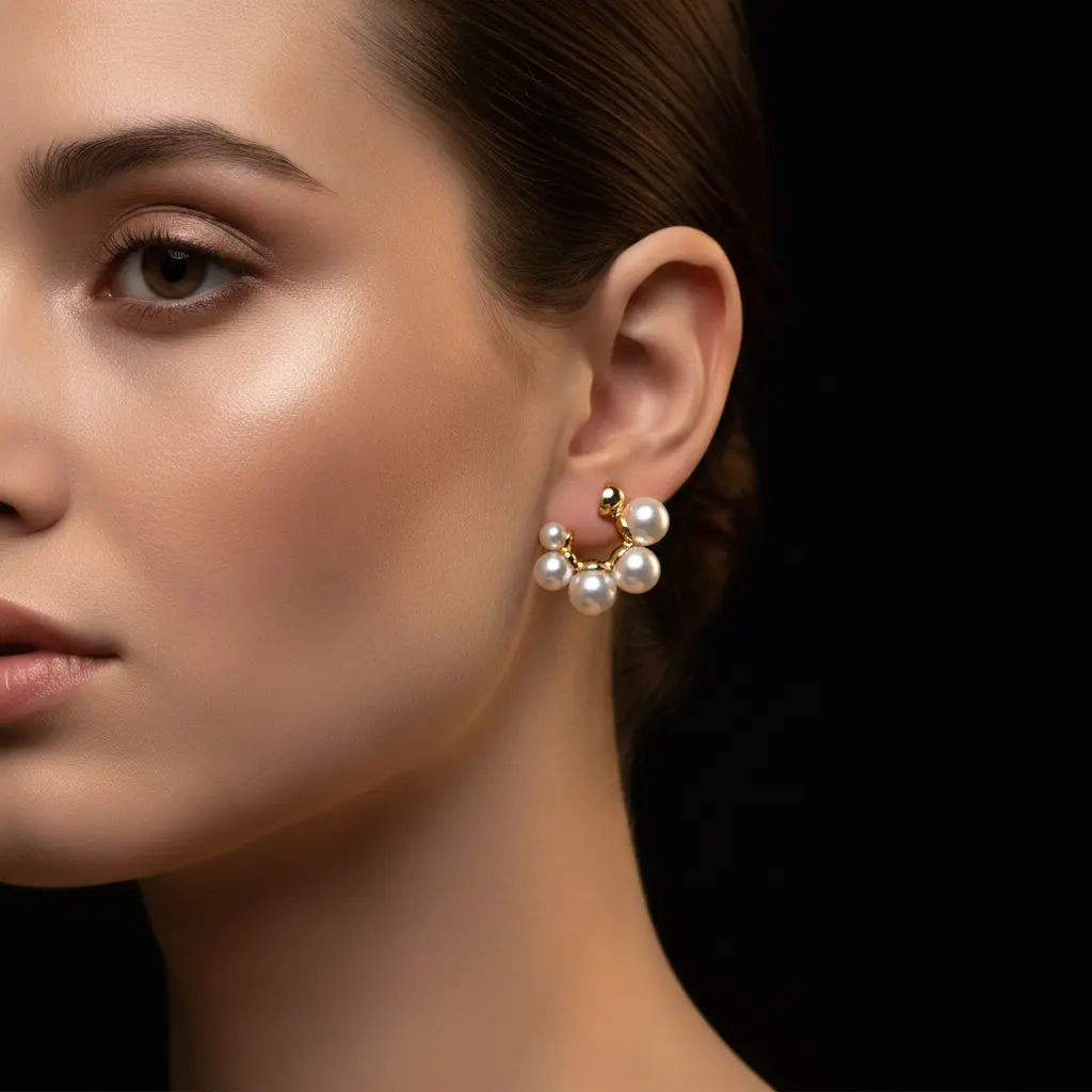 Gold Arc Pearl Stud Earring — view 3