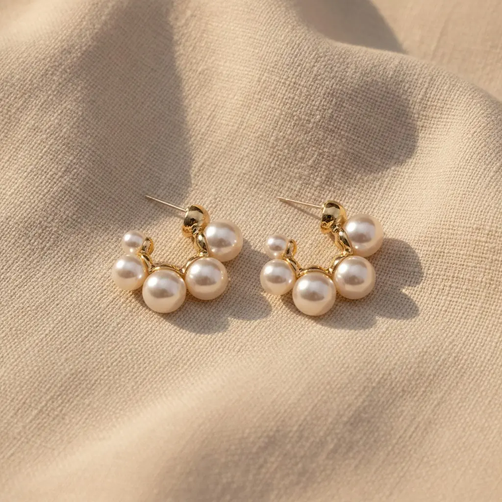 Gold Arc Pearl Stud Earring — view 4