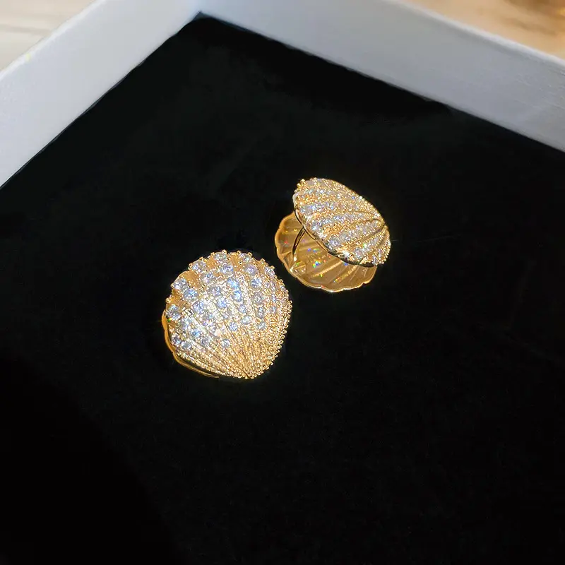 Gold Crystal Shell Pearl Clip-on Earring — front view
