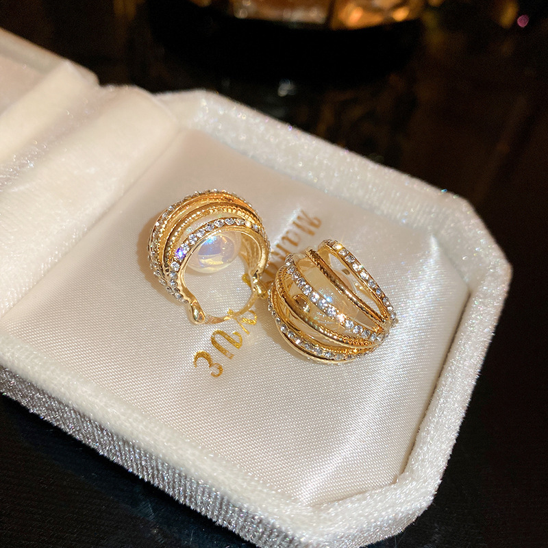 Gold Multi-Row Crystal Pearl Clip-on Earring