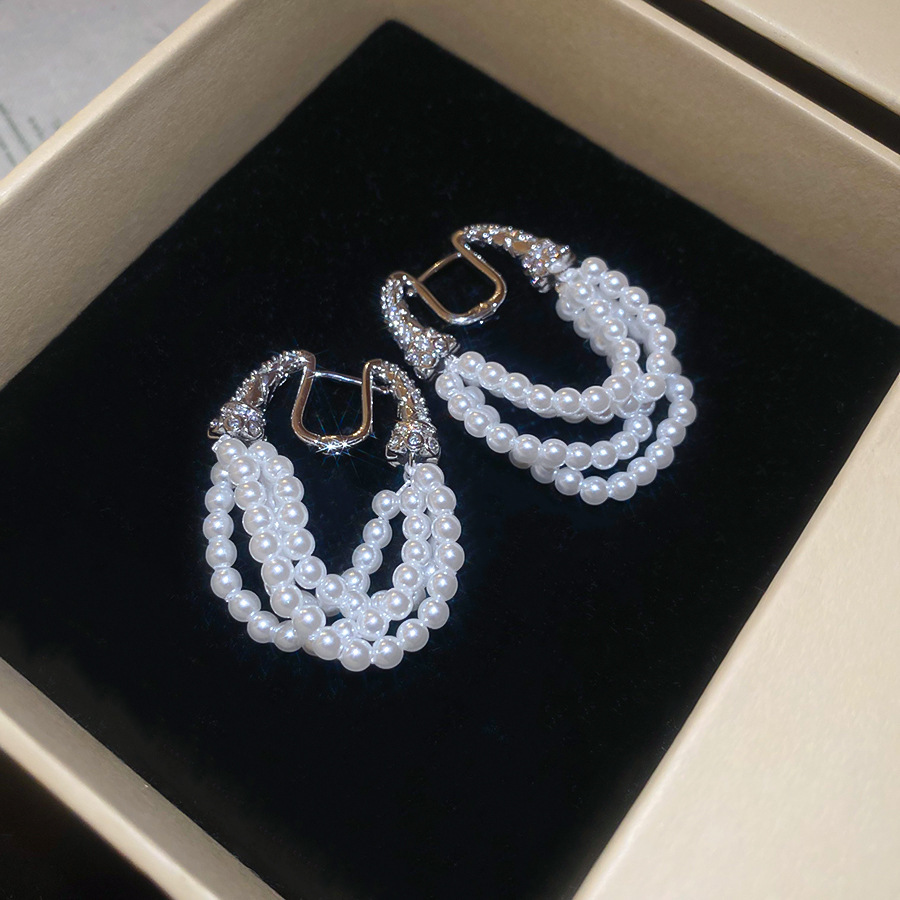 Silver Triple-Strand Crystal Pearl Clip-on Earring