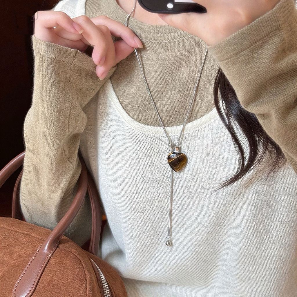 Amber Heart Tiger Eye Lariat Necklace