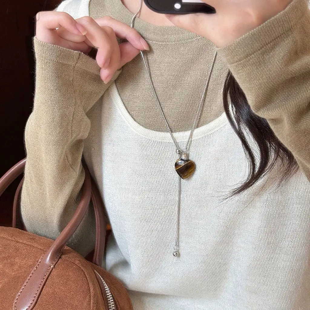 Amber Heart Tiger Eye Lariat Necklace — front view