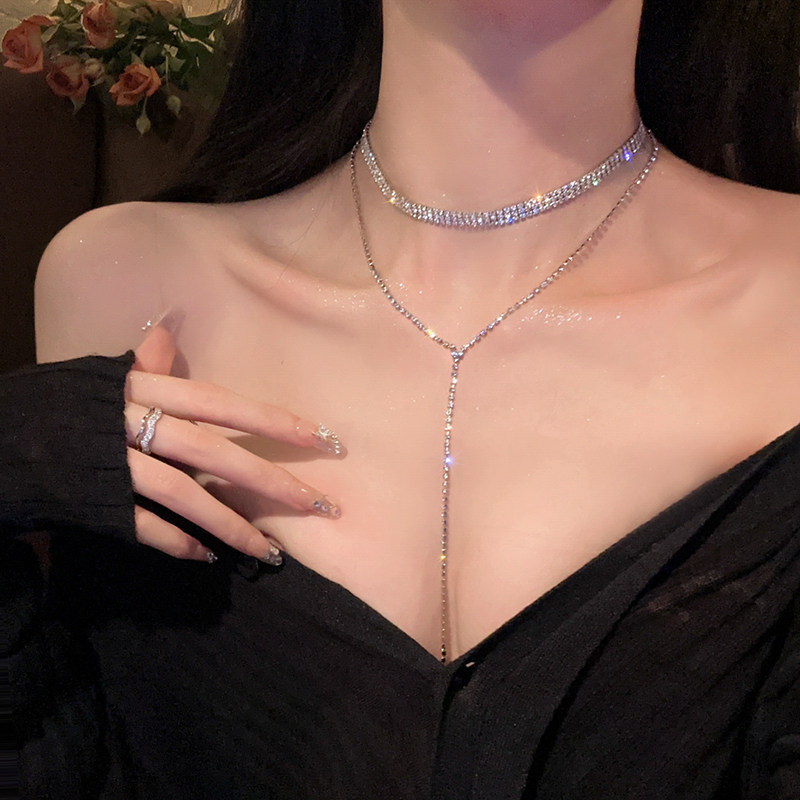 Silver Double Diamond Chain Lariat Necklace