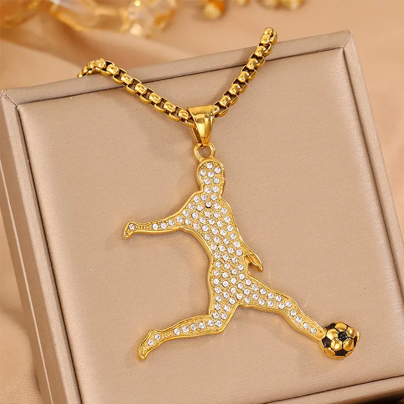 Gold Full Crystal Kicking Player FIFA World Cup 2026 Pearl Chain Pendant Necklace — front view