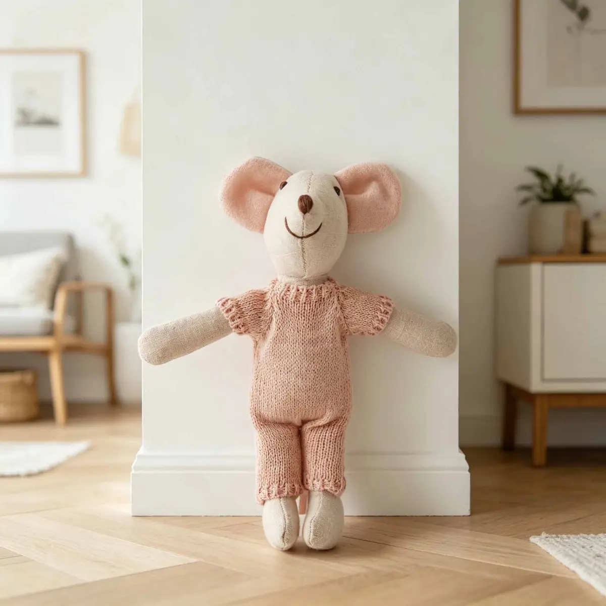 Pink Yellow Stripe Romper Mouse Plush 15cm — front view