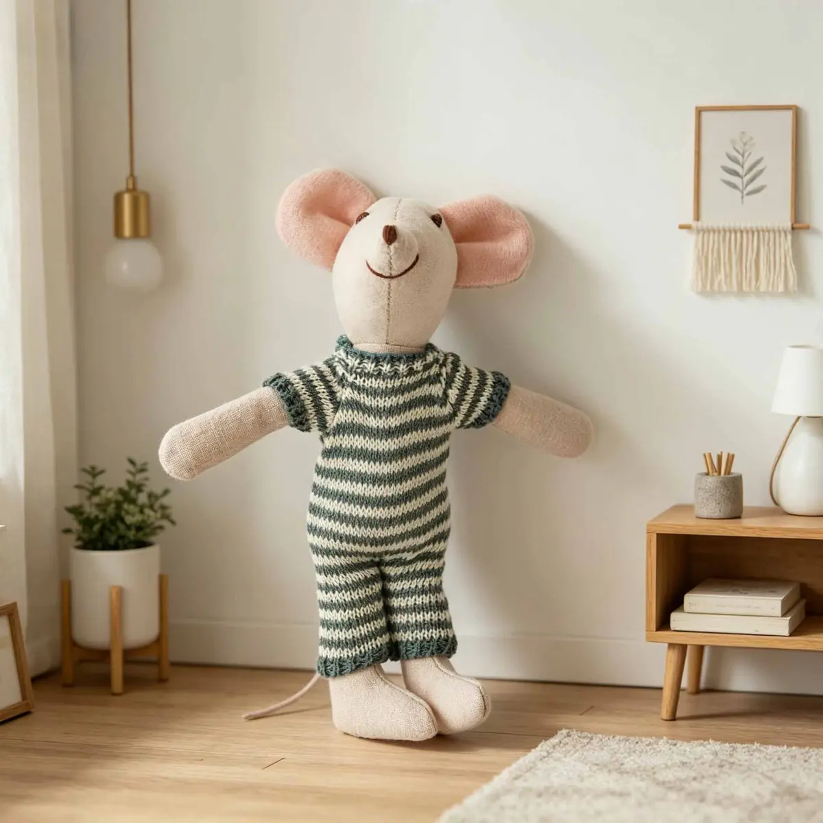 Green White Stripe Romper Mouse Plush 15cm — front view