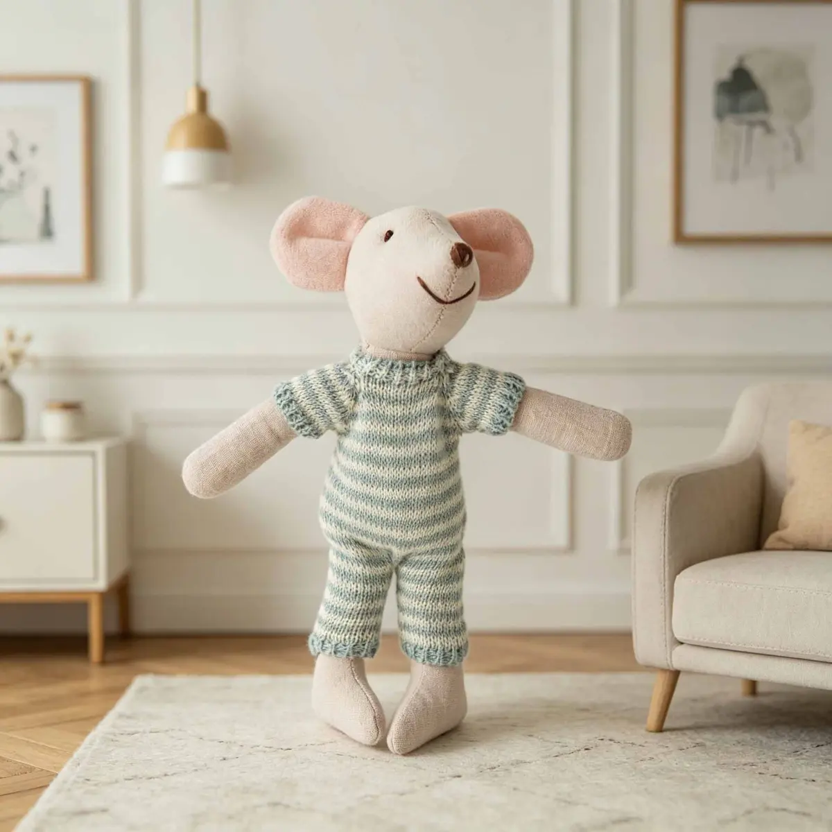 Grey White Stripe Romper Mouse Plush 15cm — front view