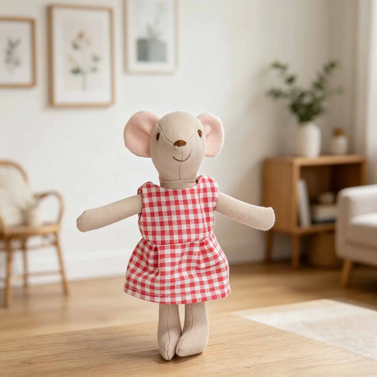 Red Check Mouse Plush 15cm — front view