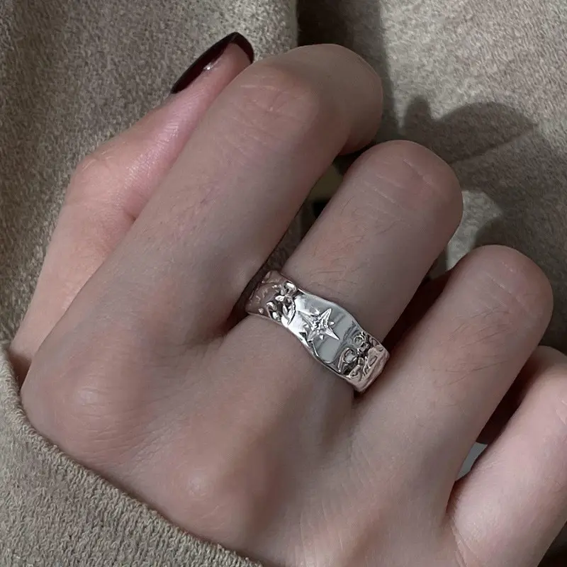 Star Bloom Wide Engraved Silver Ring — front view