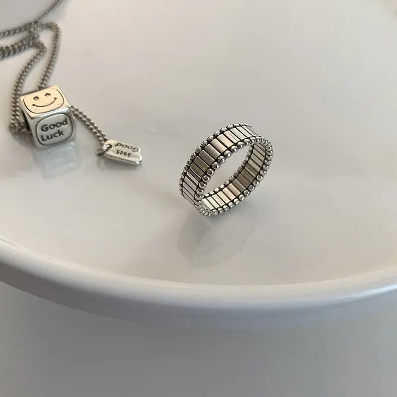 Ribbed Grid Wide Band Silver Ring — front view