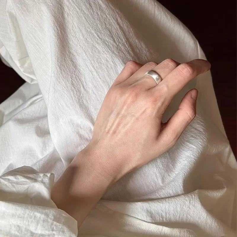 Wide Flat Mirror Band Silver Ring — front view