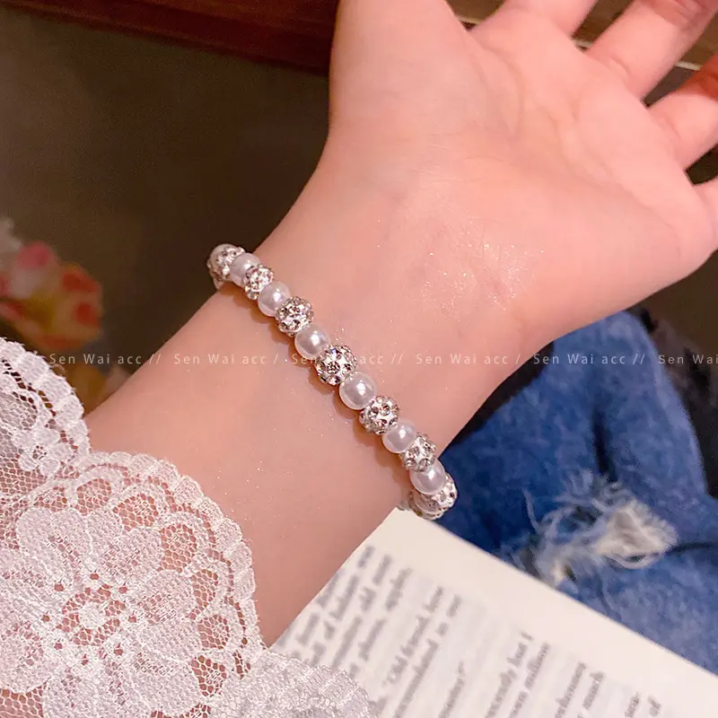 Silver Large Pearl Crystal Bead Stretch Bracelet — front view