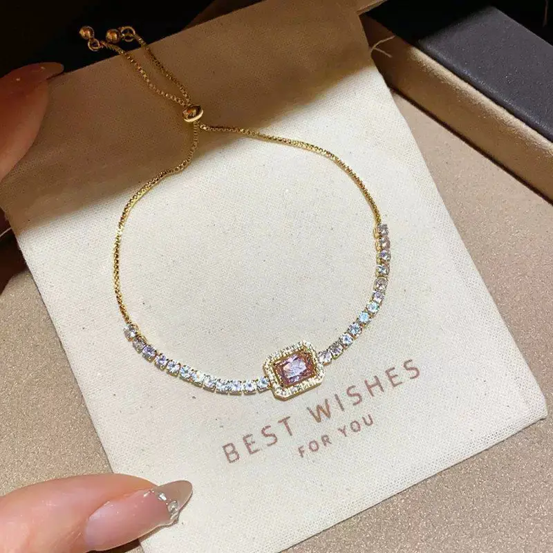 Gold Pink Zircon Halo Tennis Bracelet — front view
