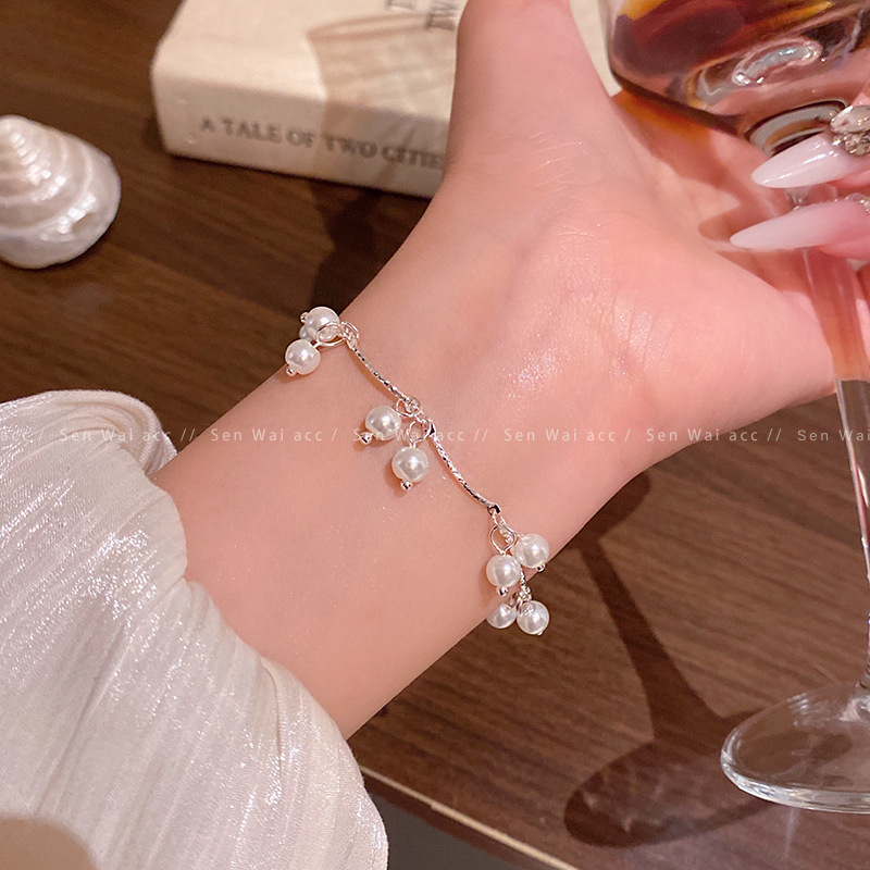 Silver Pearl Cluster Tassel Chain Bracelet